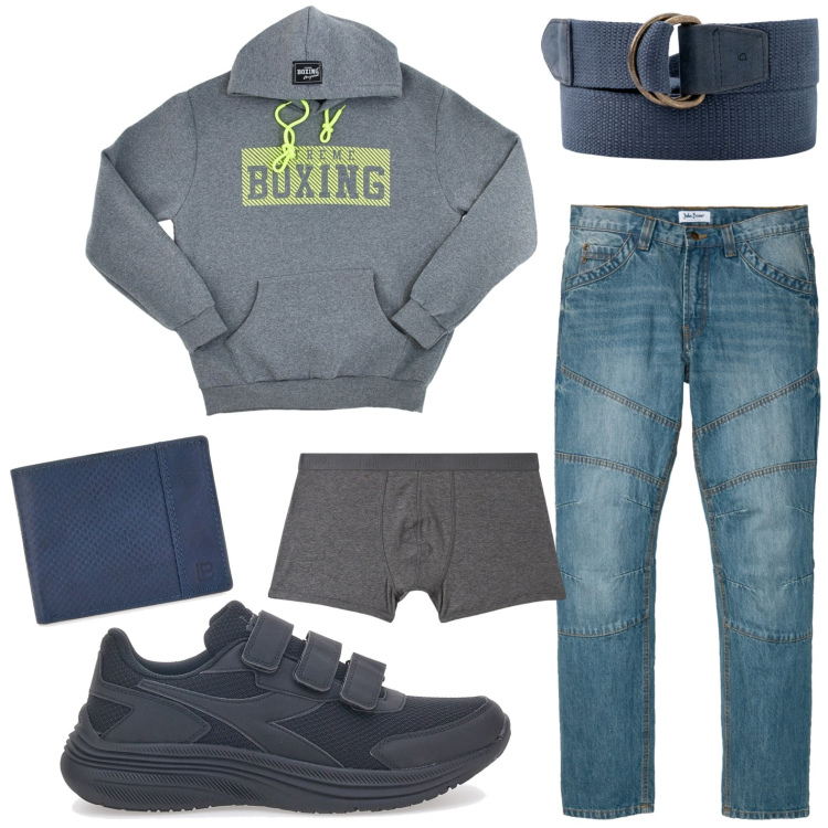 Outfit uomo - Tessuto di nîmes. Stile Casual per Tutti i giorni. Abbinamento con jeans dritti, boxer, sneakers, felpe con cappuccio, cinture, portafogli.