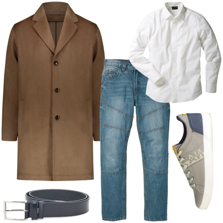 Outfit uomo - Agente immobiliare. Stile Trendy per Ufficio. Abbinamento con camicie, jeans dritti, cappotti, sneakers, cinture.