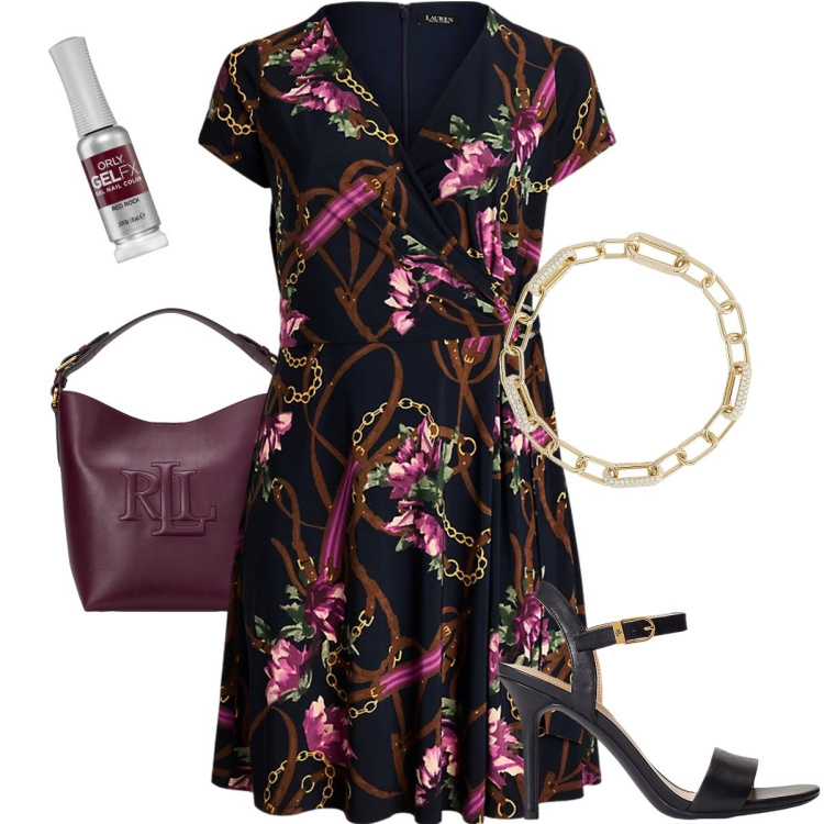 Outfit donna - Nero e fantasia. Stile Bon Ton per Serata fuori. Abbinamento con smalti, braccialetti, sandali in pelle, vestiti midi/longuette, borse a secchiello.