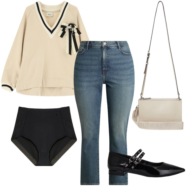 Outfit donna - Le ballerine a punta. Stile Casual chic per Ufficio. Abbinamento con felpe, ballerine, borse a tracolla, jeans dritti, culotte.