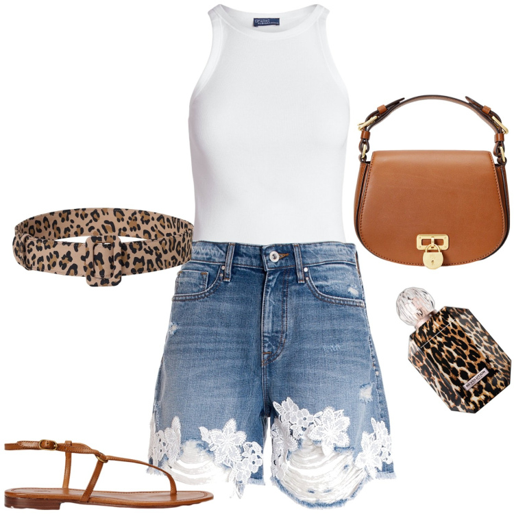 Outfit donna - Basic-Siry. Stile Basic per Tutti i giorni. Abbinamento con profumi, pantaloni corti, canottiere, borse a tracolla, sandali in pelle, cinture.