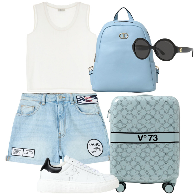 Outfit donna - Arrivi e partenze. Stile Casual per Tutti i giorni. Abbinamento con shorts, occhiali da sole, canottiere, zaini, valigie, sneakers.