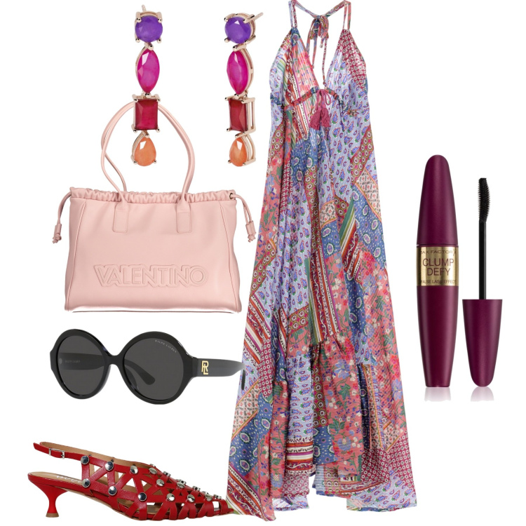 Outfit donna - Al mare. Stile Casual chic per Mare. Abbinamento con mascara, orecchini, occhiali da sole, vestiti lunghi, sandali col tacco, borse a spalla.