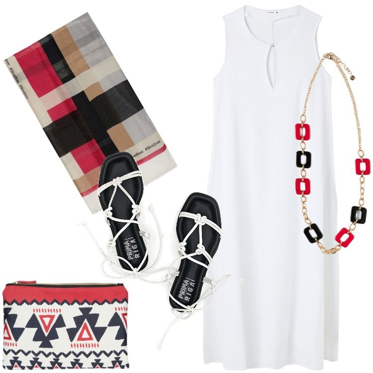 Outfit donna - Ritorno in città con stile. Stile Etnico per Tutti i giorni. Abbinamento con vestiti senza maniche, sciarpe, ciondoli, pochette, sandali.