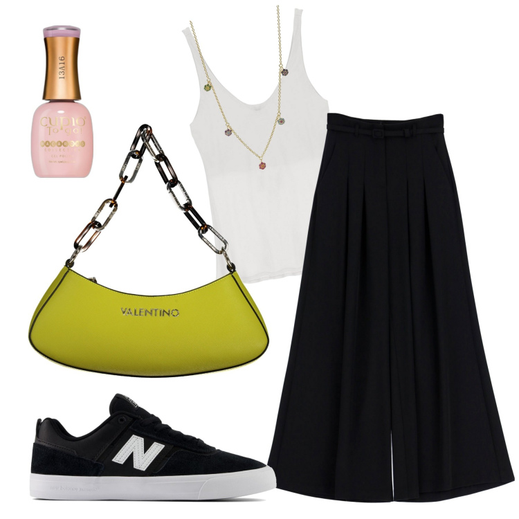 Outfit donna - Borsa verde acido. Stile Casual per Tutti i giorni. Abbinamento con smalti, ciondoli, sneakers, pantaloni, canottiere, borse a spalla.
