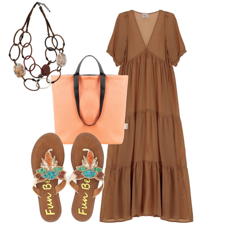 Outfit donna - Agosto. Stile Casual chic per Tutti i giorni. Abbinamento con borse tote, vestiti lunghi, infradito, collane.