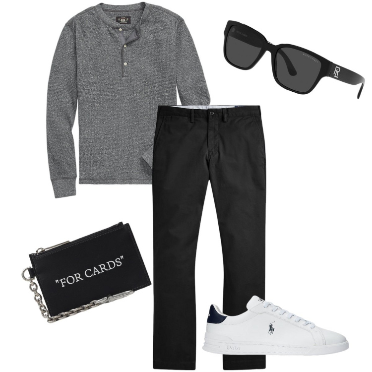 Outfit uomo - La maglia a serafino. Stile Urban per Ufficio. Abbinamento con pantaloni, t-shirt, sneakers, occhiali da sole, portafogli.
