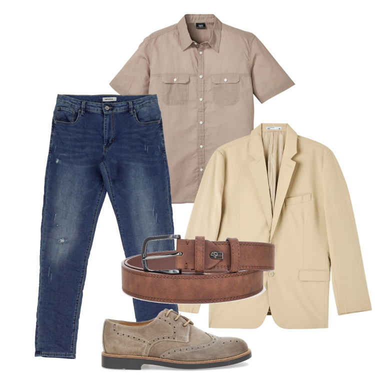 Outfit uomo - La giacca crema. Stile Casual per Tutti i giorni. Abbinamento con camicie a manica corta, giacche, jeans slim fit, cinture, scarpe stringate.
