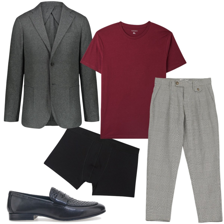 Outfit uomo - La t-shirt bordeaux. Stile Business/Elegante per Serata speciale. Abbinamento con boxer, t-shirt, pantaloni, scarpe stringate, giacche.