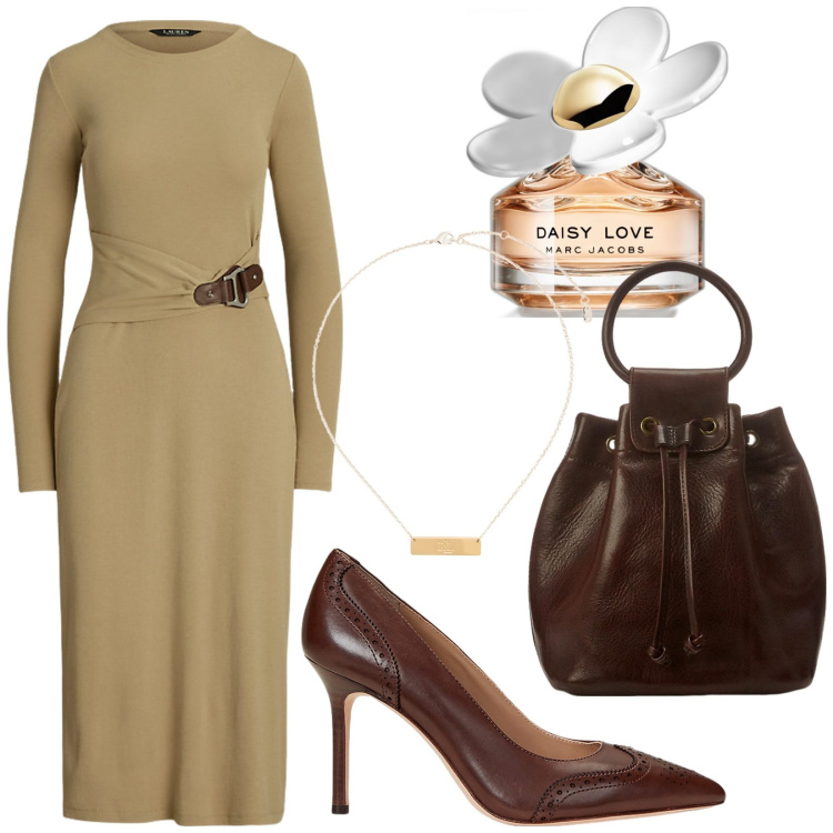 Outfit donna - Total look #1943066. Stile Casual chic per Tutti i giorni. Abbinamento con profumi, borse a secchiello, décolleté, ciondoli, vestiti.
