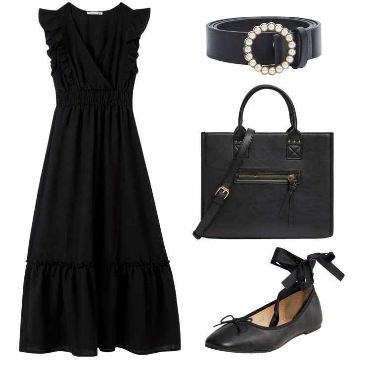 Outfit donna - Total black. Stile Bon Ton per Scuola/Università. Abbinamento con vestiti lunghi, ballerine, shopping bag, cinture.