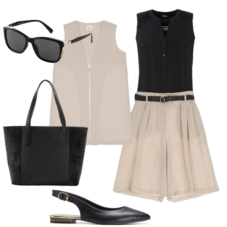 Outfit donna - Il gilet oversize sui bermuda. Stile Casual chic per Tutti i giorni. Abbinamento con ballerine, shopping bag, occhiali da sole, top, bermuda, gilet.