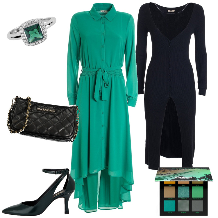 Outfit donna - Abito chemisier verde smeraldo. Stile Chic per Serata fuori. Abbinamento con ombretti, anelli, vestiti chemisier, cardigans, décolleté, borse a spalla.