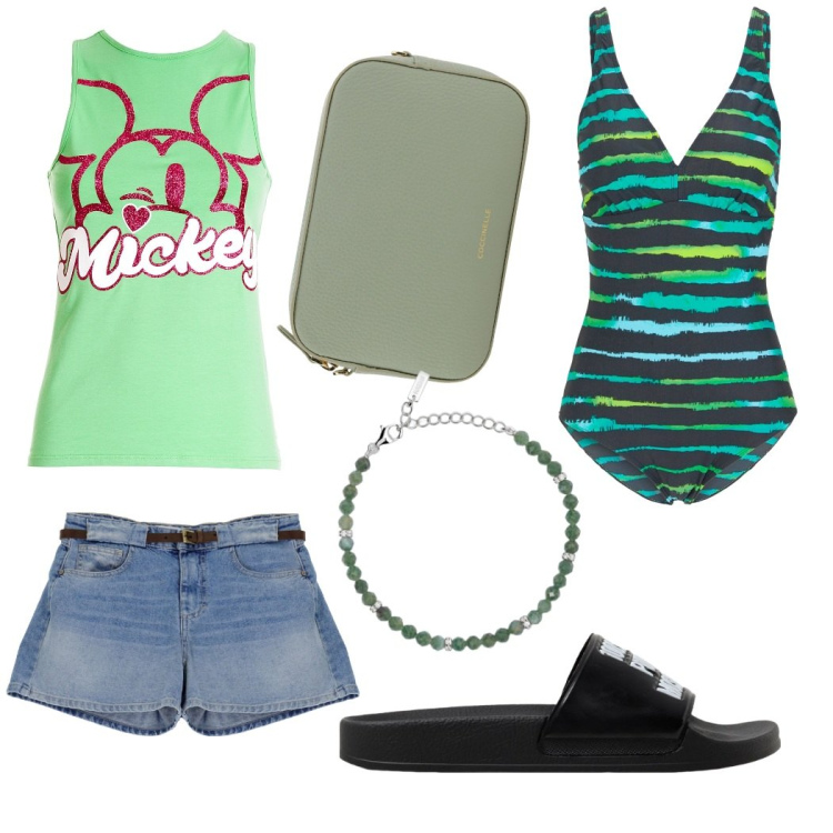 Outfit donna - Mare, mare.. solo mare. Stile Basic per Mare. Abbinamento con costumi interi, braccialetti, shorts, canottiere, ciabatte, borse a tracolla.