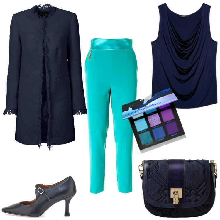 Outfit donna - Blu e verde smeraldo. Stile Chic per Cerimonia. Abbinamento con blazer, ombretti, pantaloni, top, borse a tracolla, décolleté.