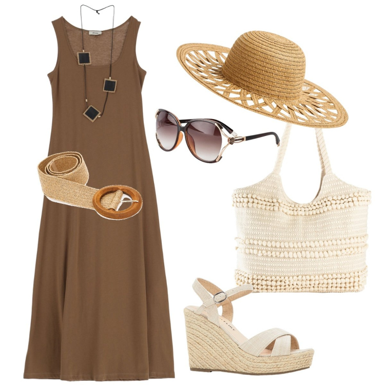 Outfit donna - Vestito lungo. Stile Casual per Tutti i giorni. Abbinamento con sandali, occhiali da sole, shopping bag, cappelli, vestiti lunghi, cinture.