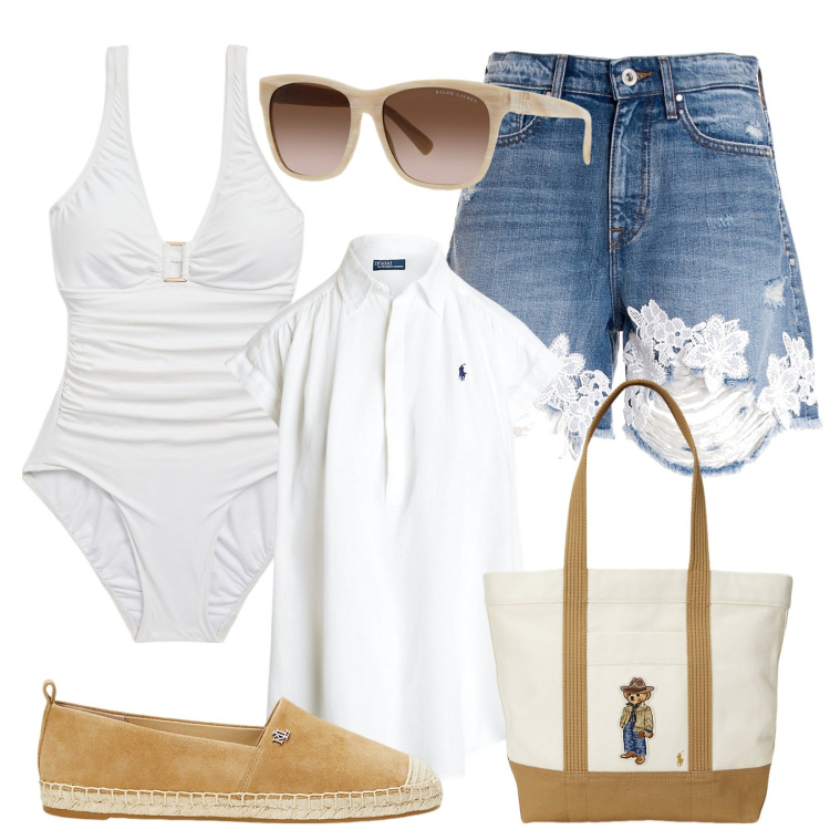 Outfit donna - Total look #1943102. Stile Casual chic per Mare. Abbinamento con pantaloni corti, occhiali da sole, costumi interi, espadrillas, camicie, borse tote.