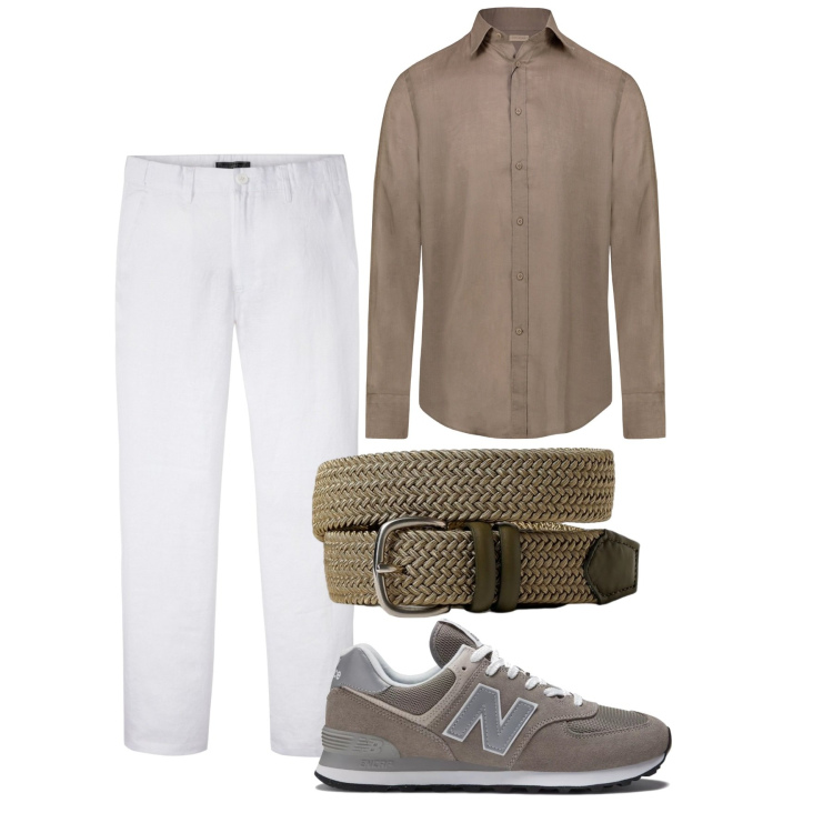 Outfit uomo - Bianco e fango. Stile Casual per Tutti i giorni. Abbinamento con pantaloni, sneakers, camicie, cinture.
