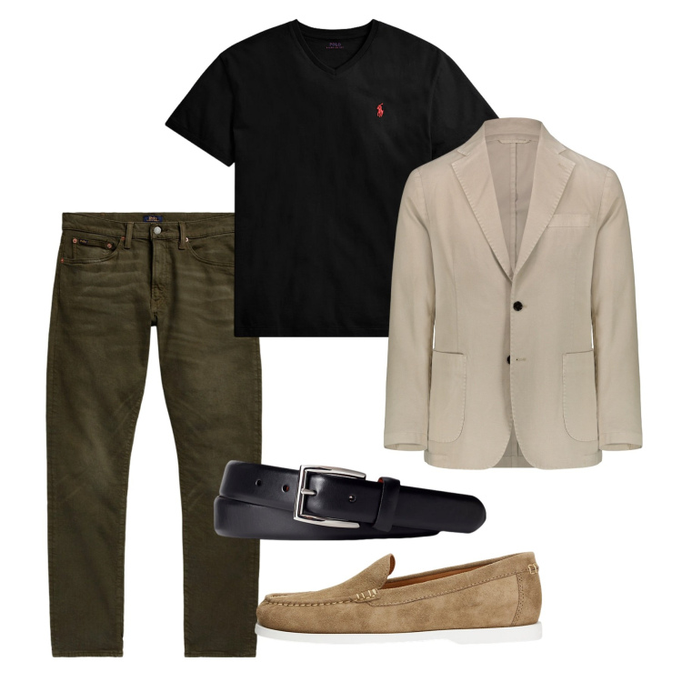 Outfit uomo - Nero e sabbia sui jeans scuri. Stile Urban per Serata speciale. Abbinamento con jeans, cinture, scarpe stringate, t-shirt, giacche.