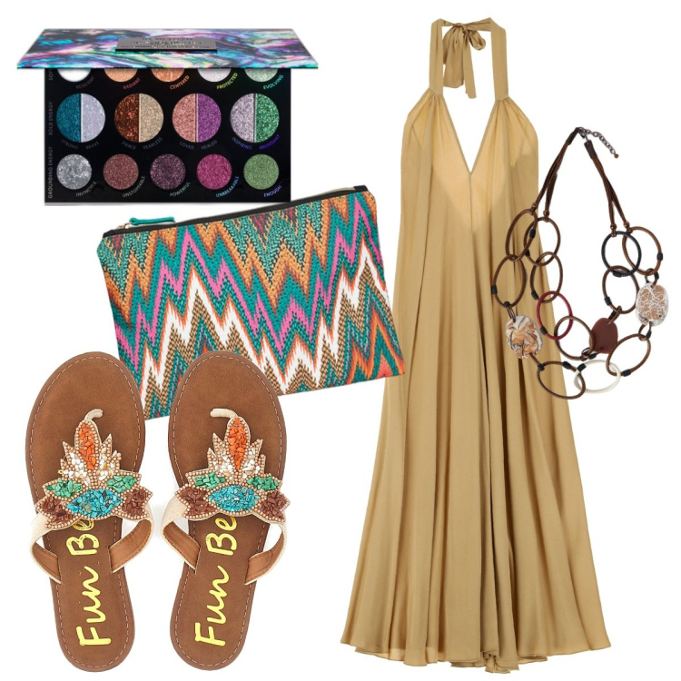 Outfit donna - Boho per la sera. Stile Boho per Serata fuori. Abbinamento con ombretti, vestiti lunghi, collane, pochette, infradito.