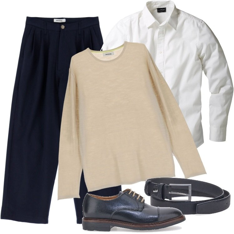 Outfit uomo - Total look #1943127. Stile Casual per Ufficio. Abbinamento con camicie, pullovers, pantaloni, scarpe stringate, cinture.