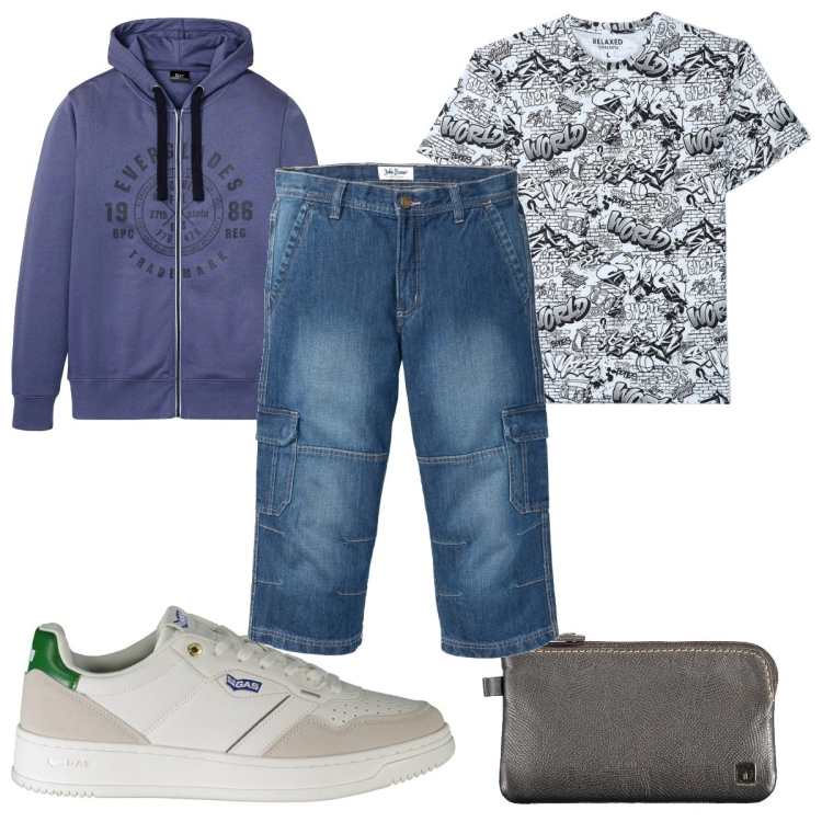 Outfit uomo - Total look #1943157. Stile Casual per Tutti i giorni. Abbinamento con jeans dritti, felpe con cappuccio, t-shirt, portafogli, sneakers.