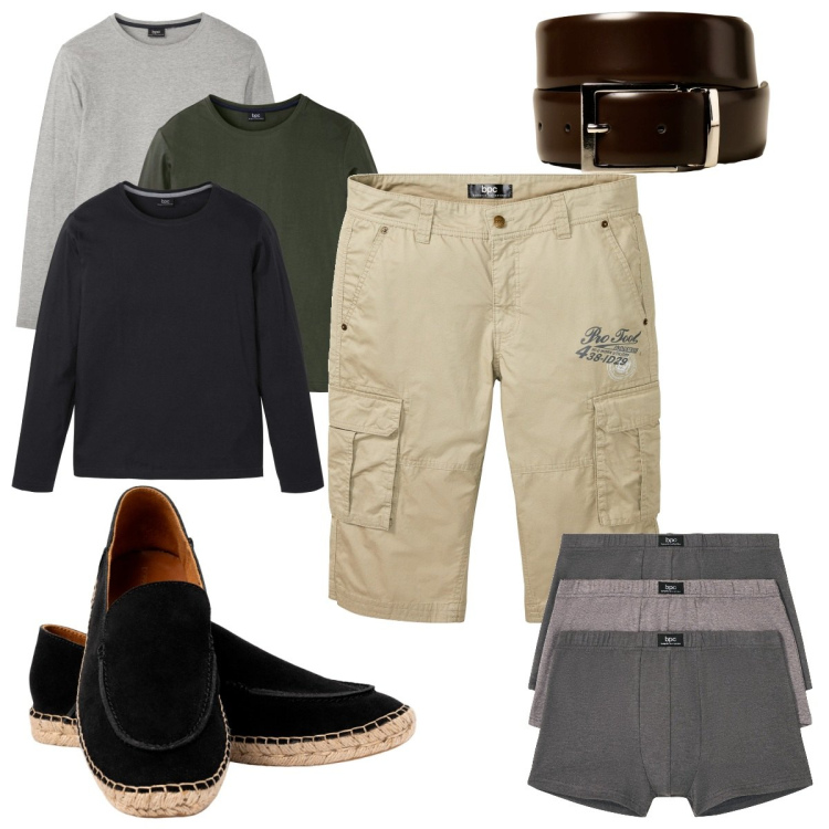 Outfit uomo - Total look #1943159. Stile Trendy per Tutti i giorni. Abbinamento con boxer, maglieria, bermuda, espadrillas, cinture.