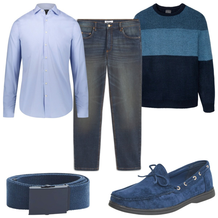 Outfit uomo - Total look #1943160. Stile Casual per Ufficio. Abbinamento con maglieria, jeans dritti, scarpe stringate, cinture, camicie.