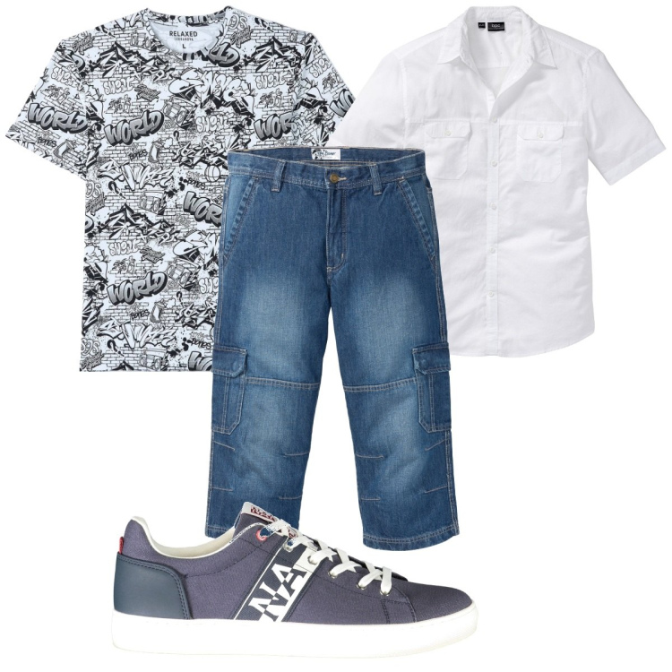 Outfit uomo - Total look #1943168. Stile Casual per Tutti i giorni. Abbinamento con camicie a manica corta, jeans dritti, t-shirt, sneakers.