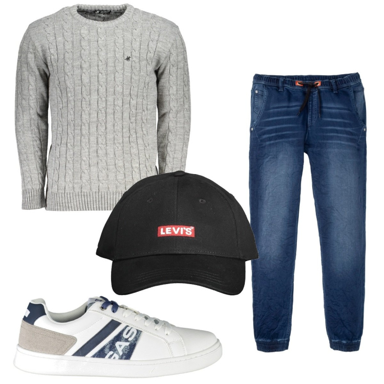 Outfit uomo - Total look #1943169. Stile Casual per Tutti i giorni. Abbinamento con jeans dritti, maglieria, cappelli con visiera, sneakers.