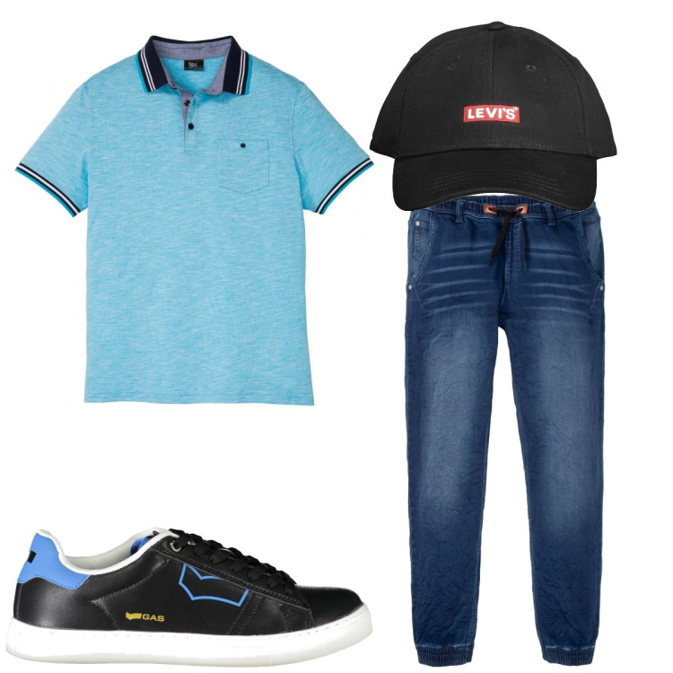 Outfit uomo - Total look #1943171. Stile Casual per Tutti i giorni. Abbinamento con jeans dritti, polo, cappelli con visiera, sneakers.