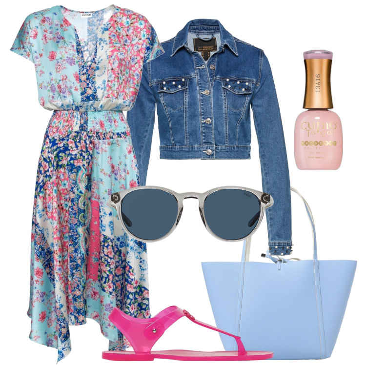 Outfit donna - L’abito asimmetrico svolazzante. Stile Trendy per Tutti i giorni. Abbinamento con vestiti asimmetrici, blazer, smalti, occhiali da sole, borse a spalla, sandali.