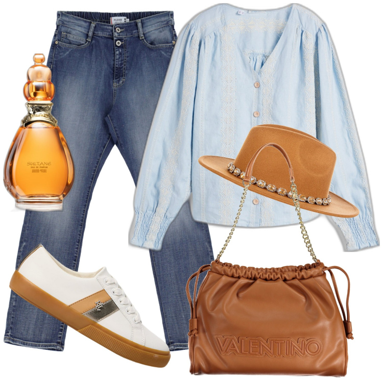 Outfit donna - Total look #1943174. Stile Etnico per Tutti i giorni. Abbinamento con camicie, profumi, cappelli, jeans dritti, sneakers, borse a spalla.