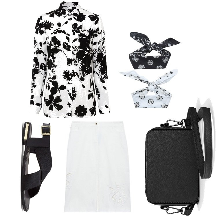 Outfit donna - Fiorin fiorello. Stile Basic per Tutti i giorni. Abbinamento con borse a tracolla, sandali, camicie, fasce per capelli, minigonne.
