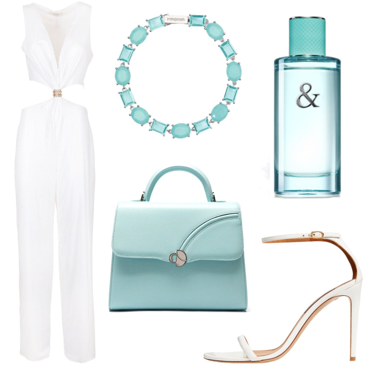 Outfit donna - Bianco e Tiffany. Stile Chic per Serata fuori. Abbinamento con profumi, braccialetti, tute, sandali in pelle, borse a mano.