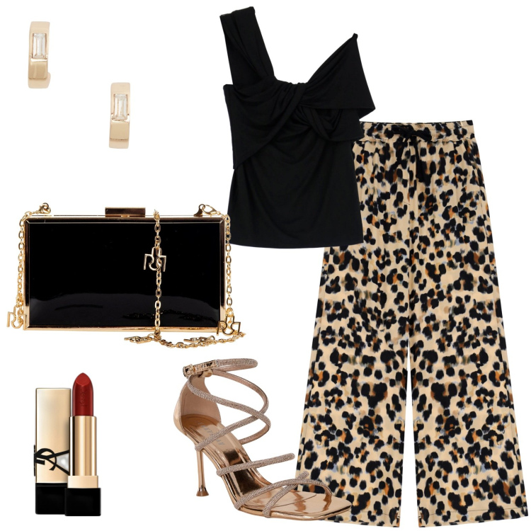 Outfit donna - Il pantalone straight. Stile Glamour per Serata fuori. Abbinamento con rossetti, sandali col tacco, pochette, pantaloni, top, orecchini.