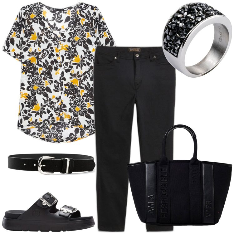 Outfit donna - Passeggiata. Stile Casual per Tutti i giorni. Abbinamento con pantaloni, ciabatte, cinture, anelli, camicie a manica corta, borse a spalla.