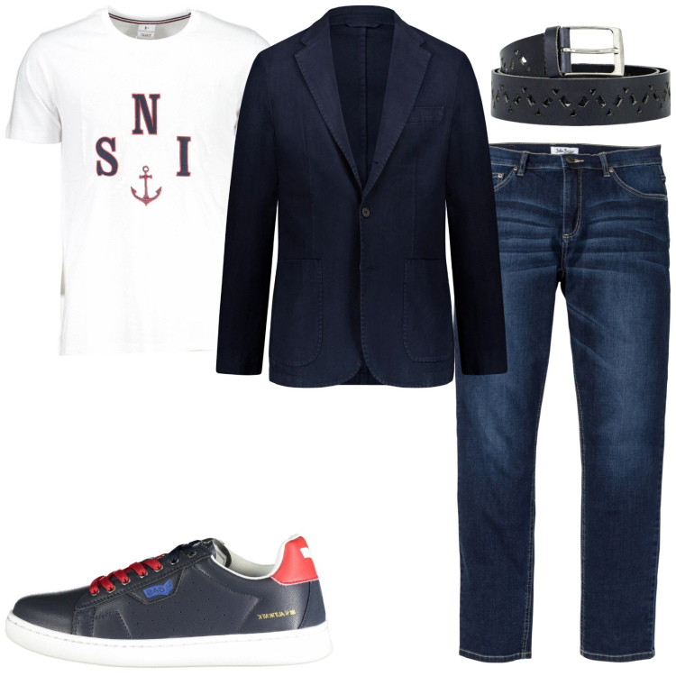 Outfit uomo - Nord Sud Ovest Est. Stile Casual per Ufficio. Abbinamento con jeans, cinture, t-shirt, sneakers, giacche.