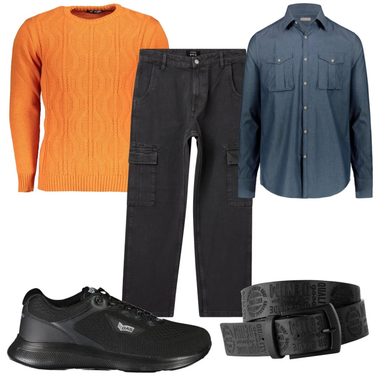 Outfit uomo - Total look #1943274. Stile Trendy per Tutti i giorni. Abbinamento con cinture, pantaloni cargo, camicie, sneakers, maglieria.