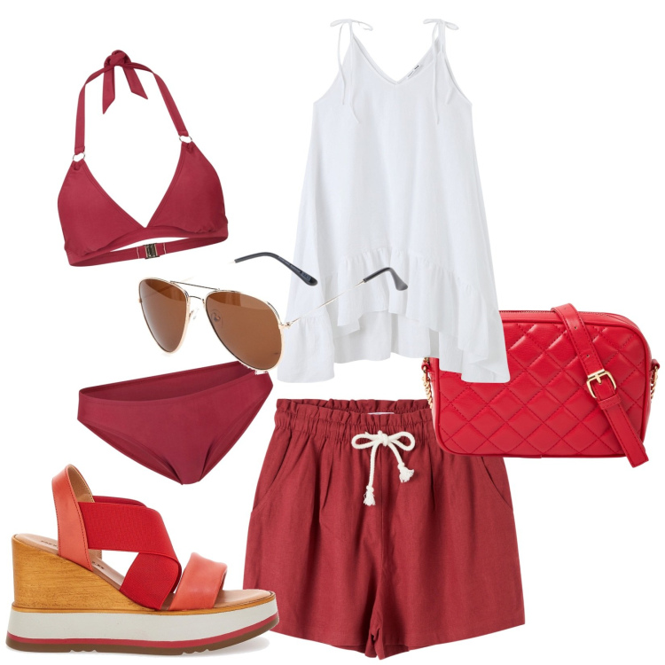 Outfit donna - Total look #1943322. Stile Casual per Mare. Abbinamento con bikini, shorts, vestiti lunghi, borse a tracolla, sandali, occhiali da sole.