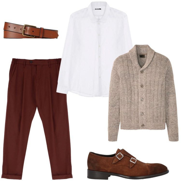 Outfit uomo - Serata sul lungo mare. Stile Casual per Serata speciale. Abbinamento con cardigans, scarpe stringate, camicie, pantaloni, cinture.