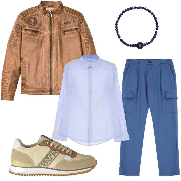 Outfit uomo - Giacca e pantaloni cargo. Stile Casual per Tutti i giorni. Abbinamento con giacche, braccialetti, camicie, pantaloni cargo, sneakers.