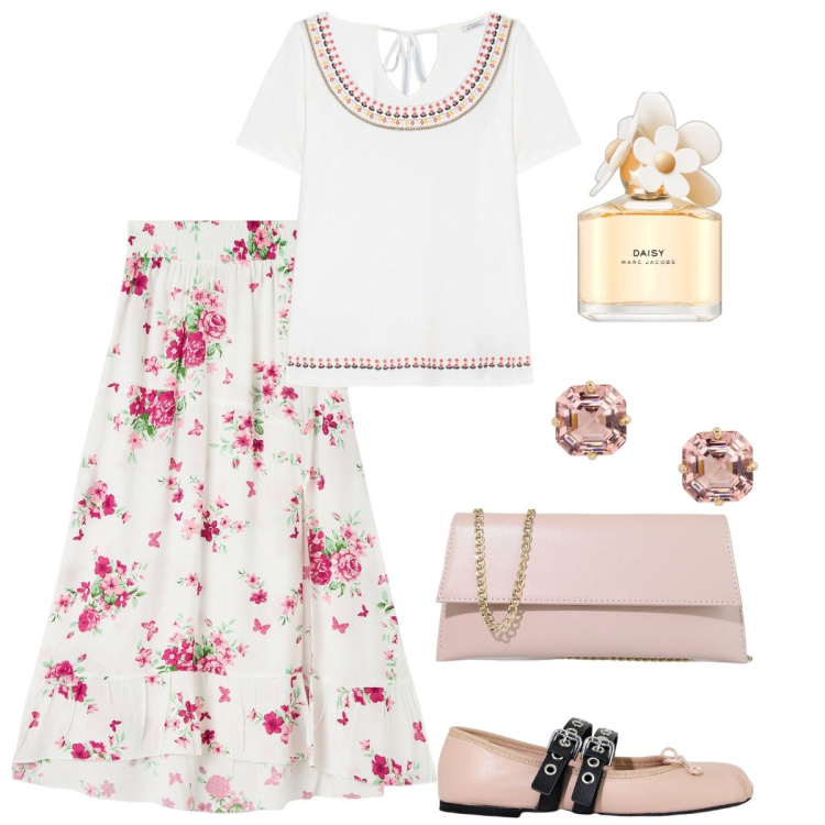 Outfit donna - Gonne lunghe e fiori. Stile Romantica per Tutti i giorni. Abbinamento con profumi, gonne lunghe, pochette, ballerine, orecchini, t-shirt.