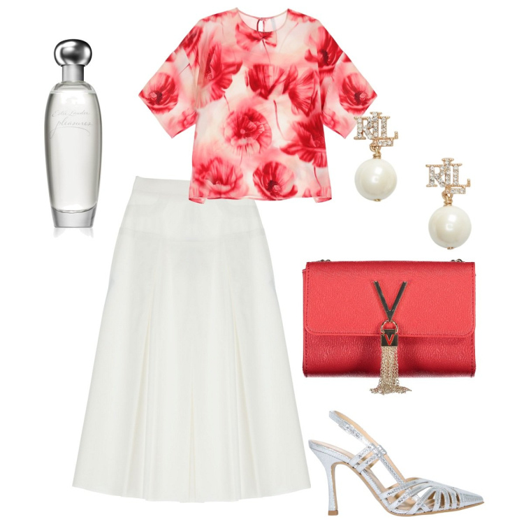 Outfit donna - Gonne lunghe e fiori. Stile Romantica per Cerimonia. Abbinamento con profumi, gonne lunghe, t-shirt, sandali in pelle, orecchini, borse a tracolla.