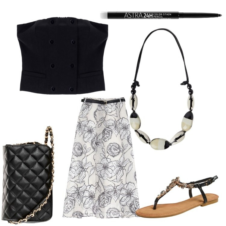Outfit donna - Come un disegno. Stile Boho per Serata fuori. Abbinamento con borse a tracolla, eyeliner, sandali gioiello, gonne lunghe, top, collane.