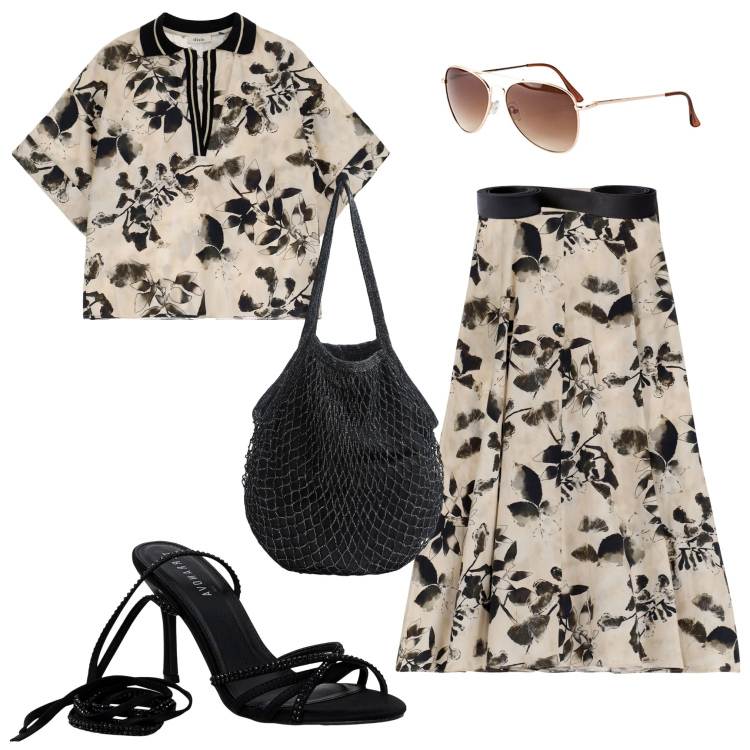 Outfit donna - Gonne e fiori. Stile Casual chic per Serata fuori. Abbinamento con occhiali da sole, borse a tracolla, sandali alla schiava, camicie a manica corta, gonne lunghe, cinture.