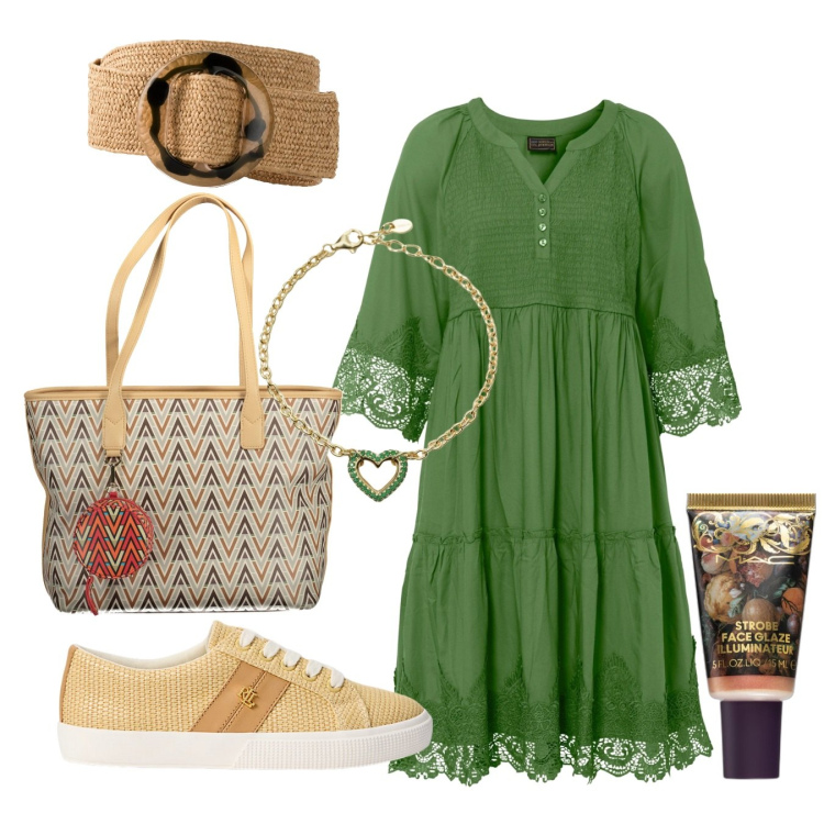 Outfit donna - Boho. Stile Boho per Tutti i giorni. Abbinamento con vestiti chemisier, cinture, blush, braccialetti, sneakers, borse a spalla.