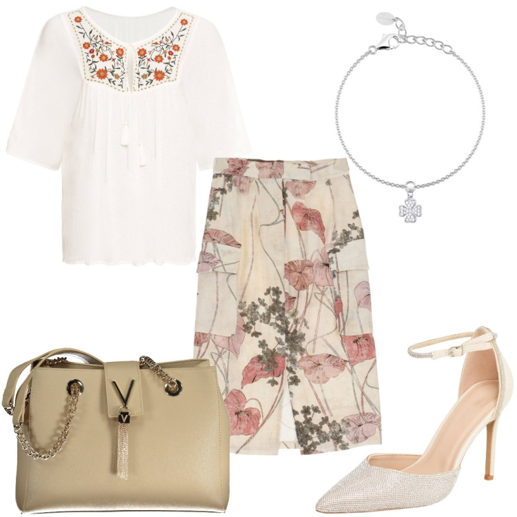 Outfit donna - Romantica dopo le vacanze. Stile Romantica per Tutti i giorni. Abbinamento con tuniche, décolleté, braccialetti con ciondoli, gonne longuette, borse a spalla.