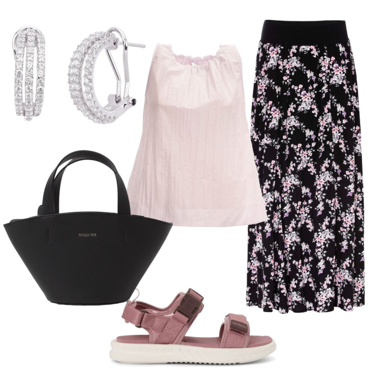 Outfit donna - L’elegante gonna a fiori. Stile Bon Ton per Ufficio. Abbinamento con gonne lunghe, orecchini, sandali, top, borse a spalla.