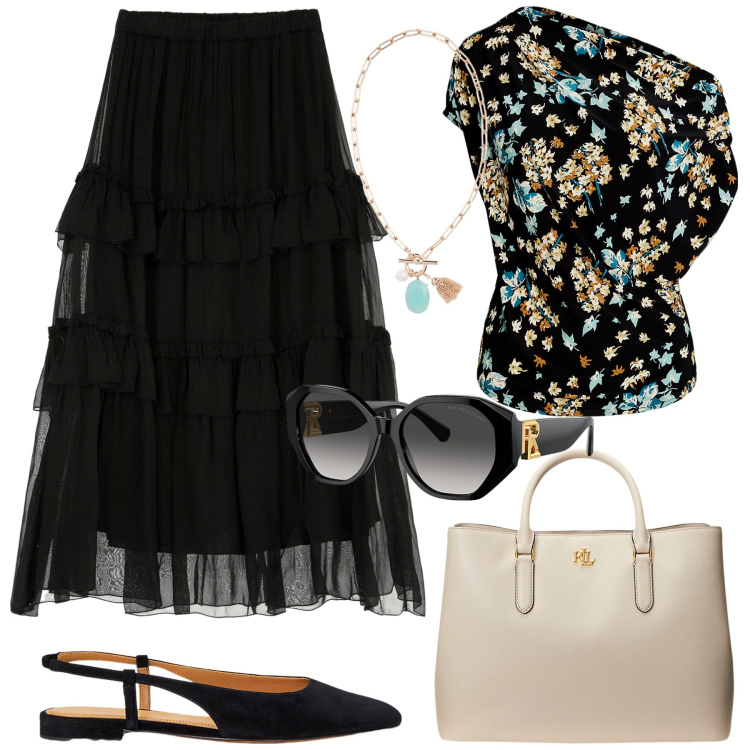 Outfit donna - Gonna lunga e fiori. Stile Romantica per Serata fuori. Abbinamento con gonne lunghe, occhiali da sole, top, borse a mano, collane, ballerine.